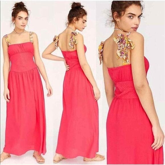 Free People Santorini boho coral maxi dress 4 pink corset linen beach wedding - Picture 1 of 8